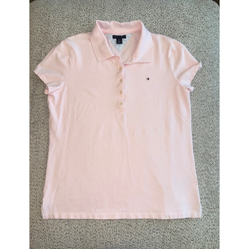 Tommy Hilfiger Pink Short Sleeve Polo Shirt Womens Large L Pique Cotton Logo‎
